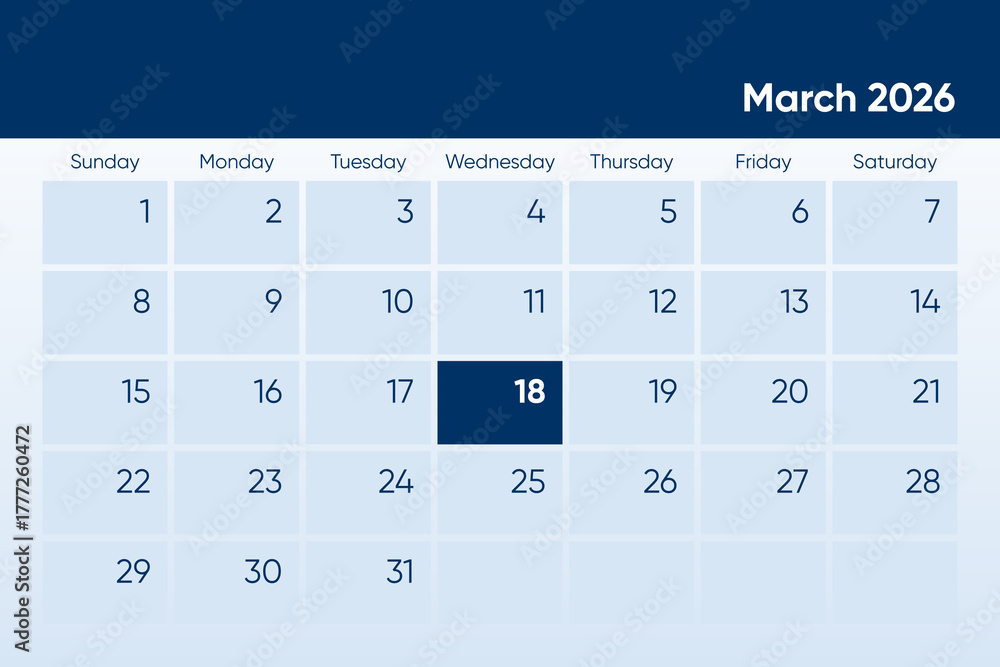 18 March 2026 calendar day design. It shows 2026 March 18 date calendar ...