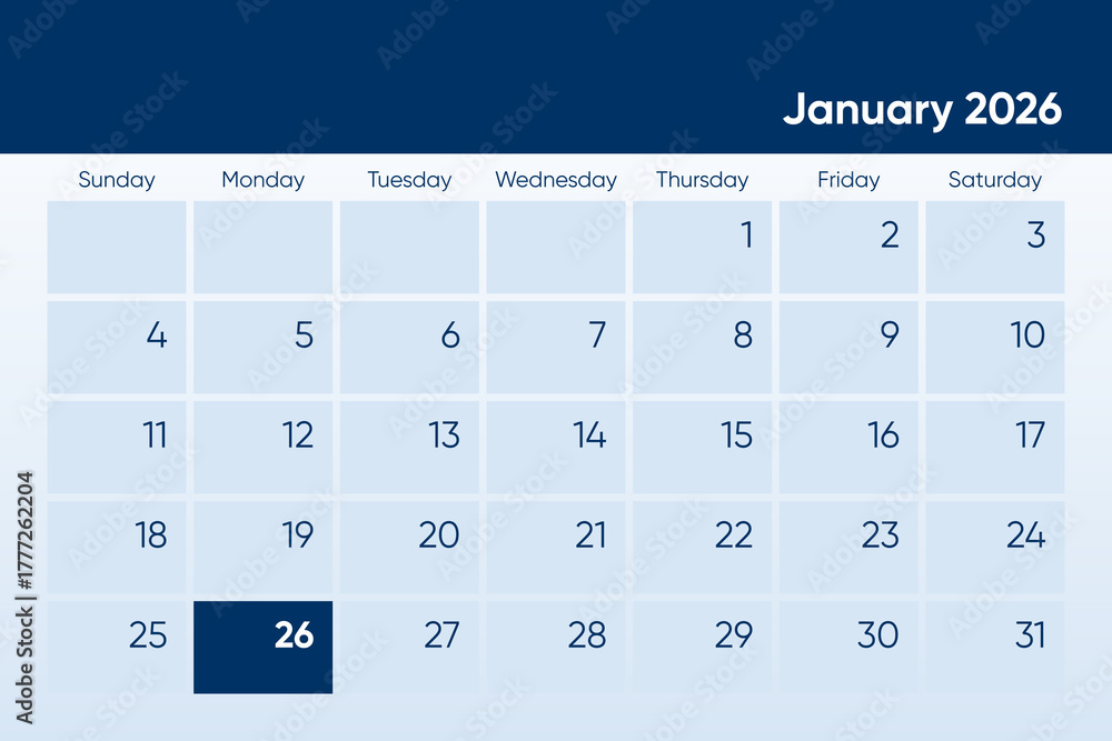 26 January 2026 calendar day design. It shows 2026 January 26 date ...