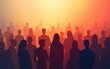 © Sarah - The image is a digital painting or illustration depicting a large group of people represented as abstract silhouettes.  The figures are rendered in various shades of warm and cool colors,