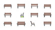 ©  Colorpulse - This image displays a collection of twelve vector icons of various park and street benches. The benches feature wooden slats and dark metal frames, presented in both front and side views.