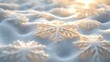 © Undersea - Golden snowflake decorations resting on soft white snow surface with warm sunlight creating gentle shadows and highlights across the winter landscape.