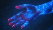 © Yuliia - Glowing blue digital hand with pink fingertips reaching out against dark background, representing technology, artificial intelligence, and futuristic human-computer interaction.