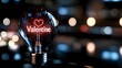 © Yuliia - Glowing light bulb with red neon heart and Valentine text inside against dark bokeh background, romantic concept for Valentine's Day celebrations.