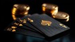 © Aleksandr - Luxury black and gold playing cards with royal flush and golden coins on dark background