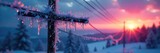 Iridescent frost clinging to a high-voltage power line, stark against a twilight sky  The cold electric energy hums silently, a powerful, beautiful force of nature ,  crystalline,  stark