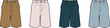 © Farzana - Set of four flat sketches of casual shorts in various neutral colors, showcasing different styles for a wardrobe