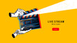 © pim - Trendy collage of sketch hands and clapper. Retro cinema, live stream, filmmaking, video, media, film studio, streaming service, production concept. Hand drawn vector illustration.