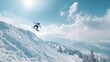 © backup_studio - Man snowboarder jumps on mountain slope against blue sky with sunny sun and white clouds. Extreme winter sports. Snowboarding trick.