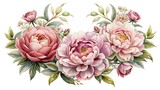 Watercolor pink peony floral arrangement with green leaves art