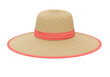 © Joao - Isolated Beige straw hat with coral ribbon, summer headwear with wide brim for protection
