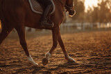 Sunset equestrian motion: close-up of a chestnut horse's legs and rider's saddle as hooves kick up arena dust during dressage practice