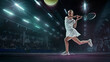 © Lustre Art Group  - Female tennis player extended stance defensive position indoor 3D match court. Concept of athletic control, technique in sport education, athlete analytics, and coaching resources.