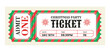 © m_matvi - Merry Christmas ticket design template. Perfect for holiday events, corporate celebrations, or printable invitations. Retro vector illustration isolated on white background. Vintage mockup coupon