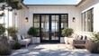 © Intach - modern coastal farmhouse entrance with white exterior, French double doors, and soft morning sunlight illuminating the patio