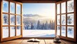 © Aula - Vue d'hiver sereine depuis une fenêtre de chalet ouverte, avec boisson chaude fumante et livre sur un rebord en bois, regardant un paysage de montagne enneigé