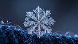 Photographie macro extrême d'un flocon de neige unique et parfait, structure cristalline sur un tissu texturé bleu foncé.
