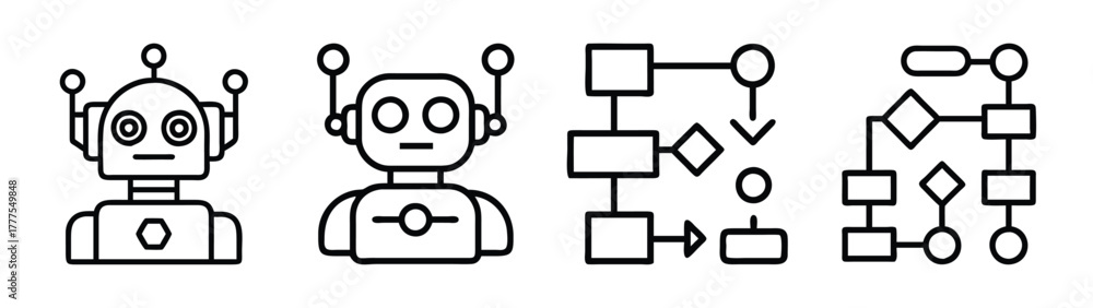 Vector illustration of robot icons and flowchart diagrams for ai and ...