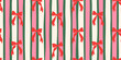 © Liliya - Christmas seamless pattern with hand-drawn red bows on a vertical striped background. Festive holiday design in red, pink, and green for wrapping paper or textile print, vector illustration.