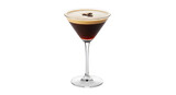 An elegant espresso martini in a classic glass, garnished with coffee beans, stands out on a simple transparent background.