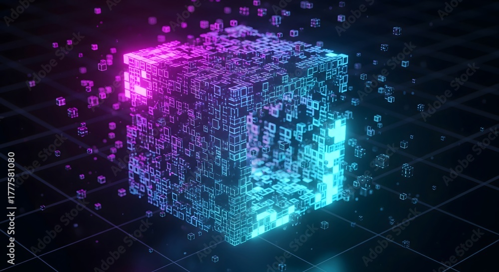 A large digital cube made of smaller glowing blocks with vibrant pink ...