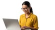 © mtsrashidabegum - Young woman wearing glasses working on laptop smiling enthusiastically in bright yellow shirt isolated on transparent background