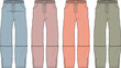 © Imrul - Vector illustration set of unisex convertible cargo pants with zip-off legs, presented as a technical fashion flat in multiple colorways