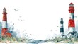 © Merdeka - Watercolor illustration of lighthouses and birds with copy space