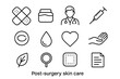 © Alla - Post-Surgery Care Icons. Post-surgery skin care. Line outline icon set of post-surgery skin care: bandage,