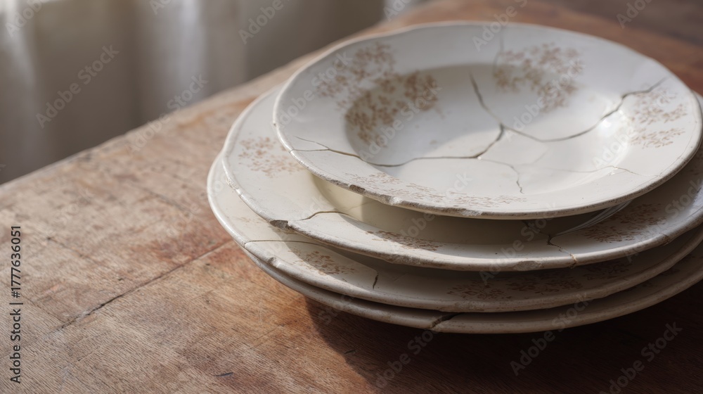 Stack of four white plates on a wooden table. the plates are stacked on ...