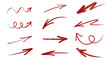 © Iryna - Set of hand-drawn red marker or crayon arrows and pointers. Straight pointers, curved lines, spirals, jagged scribbles, and thick, angular shapes. For emphasis, highlighting, direction, notes. PNG