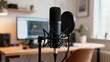 © Worldwide - Microphone setup in a modern home studio for recording audio or podcasts.