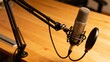 © Worldwide - Professional microphone setup on a wooden desk for recording or broadcasting audio.
