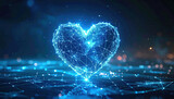 Glowing blue heart shows hopeful concept for ethical ai development. This digital plexus network symbolizes future of connection, innovation, love and technology