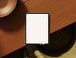 © CreatifyStudio - Modern tablet mockup on wooden table with ambient lighting.