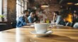 © SabtuPagi - Hot Coffee Cup on Wooden Table in Cozy Cafe with Group of People Conversation