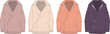 © Zinia - Fashion concept of a modern hooded jacket in multiple colors muted pink, beige, orange, and purple. Versatile casual outerwear designs for seasonal wardrobes