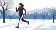 © meeblues - Flat vector of sporty woman running on snowy trail wearing winter fitness outfit, dynamic active lifestyle scene