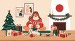 © meeblues - Flat vector of stylish woman wrapping gifts on large table with minimal wrapping paper and ribbons, modern winter holiday scene