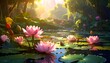 © Wonde - A serene pond scene bathed in sunlight, vibrant pink water lilies float amidst lush green lily pads and hanging foliage