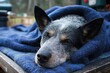 © Serhii - Serene Texas Heeler Nestled on Cozy Dog Cot Outdoors, Wrapped in a Blue Blanket with Beautiful Bokeh Background