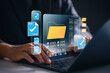 © IDOL'foto - Digital folder management system on laptop screen showing file organization and data storage. office worker in virtual workspace for efficient online document archiving and business productivity