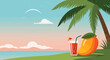 © Elizabeth - Vibrant Beachside Illustration Featuring Tropical Mango, Drink, Palm Tree, and Serene Landscape