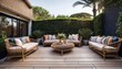 © Karina - boho glam outdoor patio with rattan furniture and metallic accents