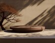 © Karina - abstract background minimal style tree shadow on concrete wall with brown empty podium for products presentation or text for advertising 3d rendering
