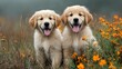 © srakibulhasan - Two adorable golden retriever puppies with fluffy coats playfully posing amidst autumn flowers