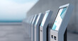 © perfectlab - Row of modern digital information kiosks with touchscreens in an outdoor urban environment with blurred background