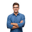 © shahida  - Smiling young man wearing blue collared shirt and glasses with arms crossed isolated on transparent background