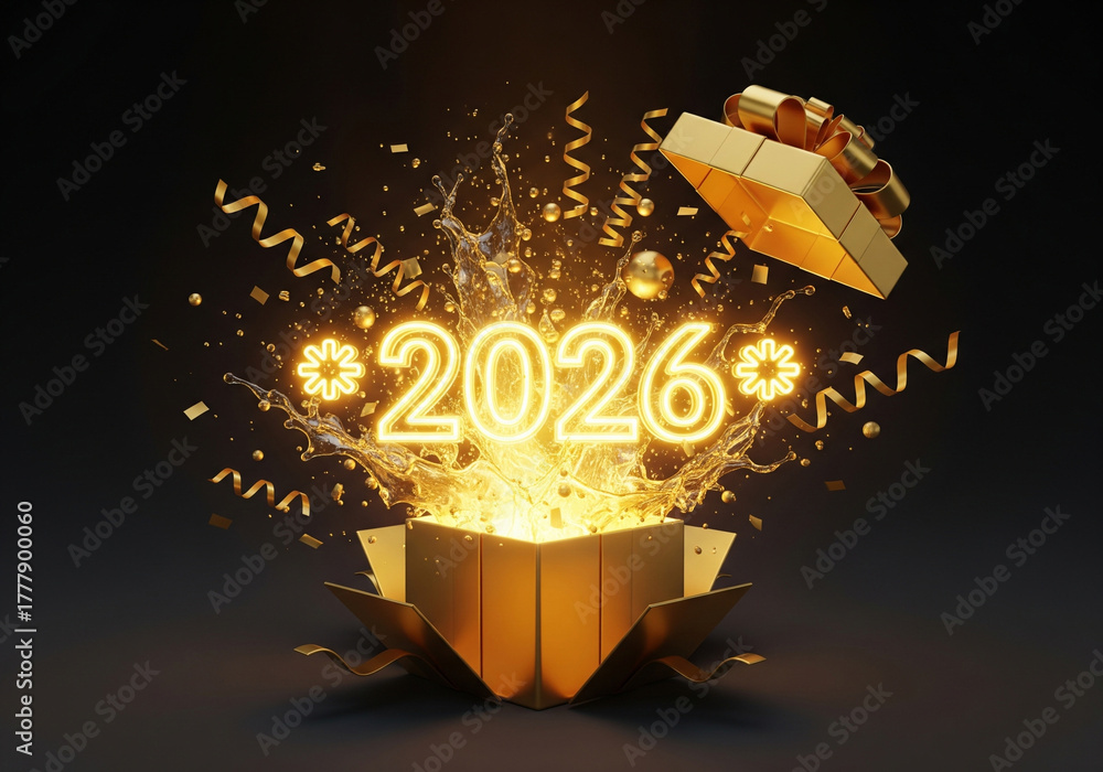 Number Exploding Out Bright golden 2026 year number exploding out of an open gift box with ...