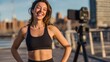© spyrakot - Smiling Fitness Influencer Recording Outdoor Workout in Urban Setting