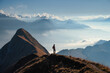 © den-belitsky - Woman with backpack standing on a mountain ridge above clouds in the Swiss Alps at sunset. Scenic view of alpine peaks, girl, mist, clear sky in fall. Concept of hiking, travel, and outdoor adventure